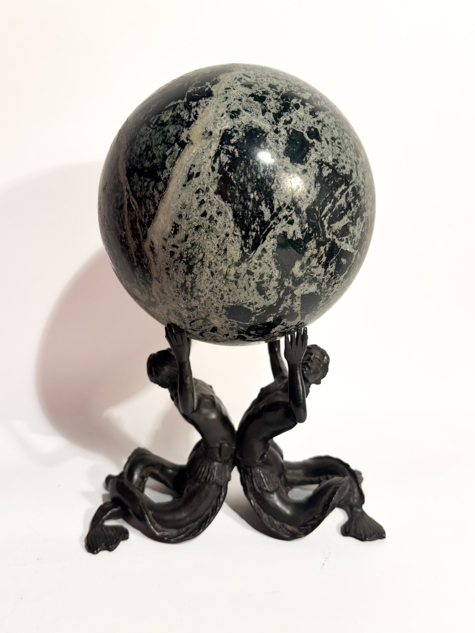 Bronze Sculpture of a Pair of Nereids with Green Marble Sphere 19th Century