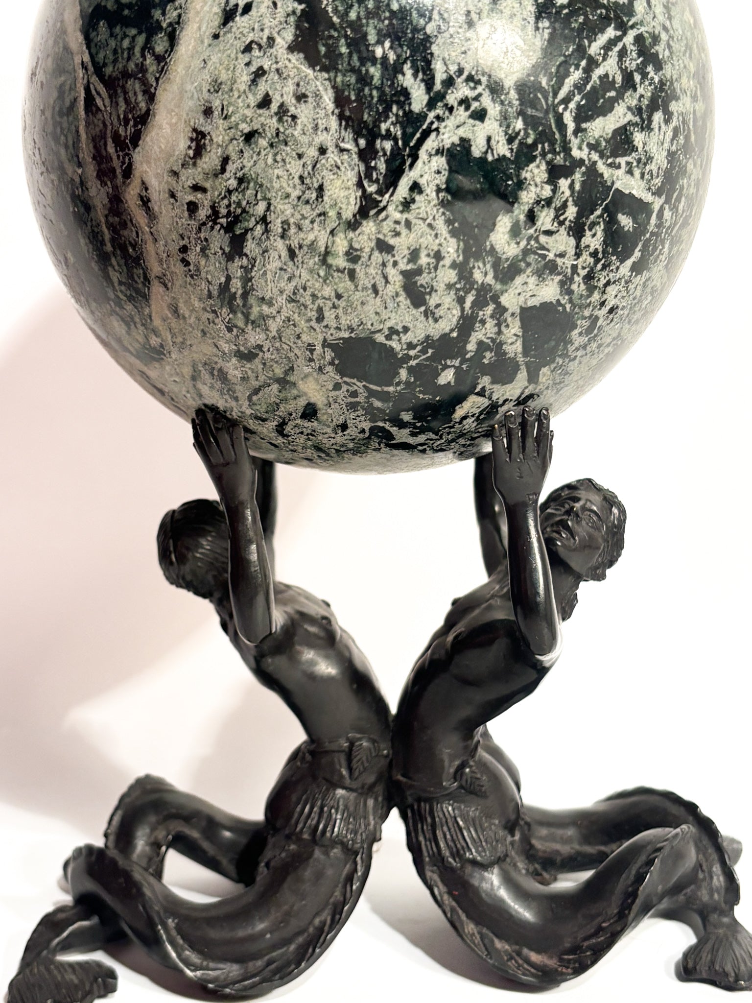 Bronze Sculpture of a Pair of Nereids with Green Marble Sphere 19th Century