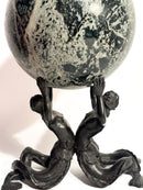 Scultura in Bronzo di Coppia di Nereidi con Sfera in Marmo Verde XIX Secolo