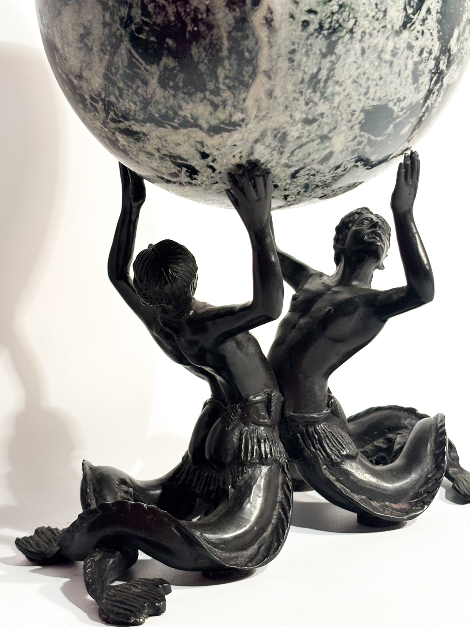 Bronze Sculpture of a Pair of Nereids with Green Marble Sphere 19th Century