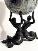 Scultura in Bronzo di Coppia di Nereidi con Sfera in Marmo Verde XIX Secolo