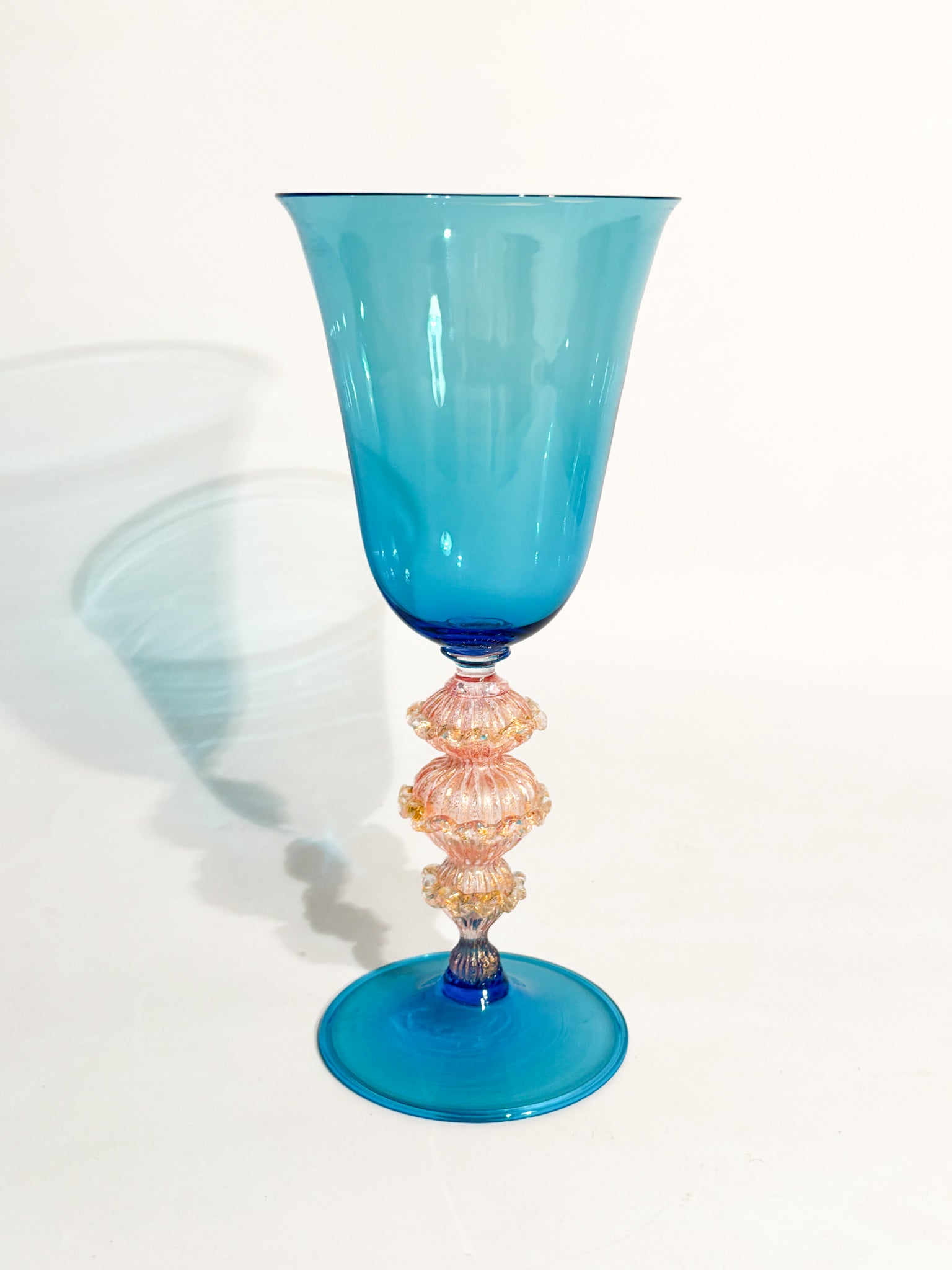 Hand-Blown Murano Glass Goblet Blue with Gold Leaf 70s