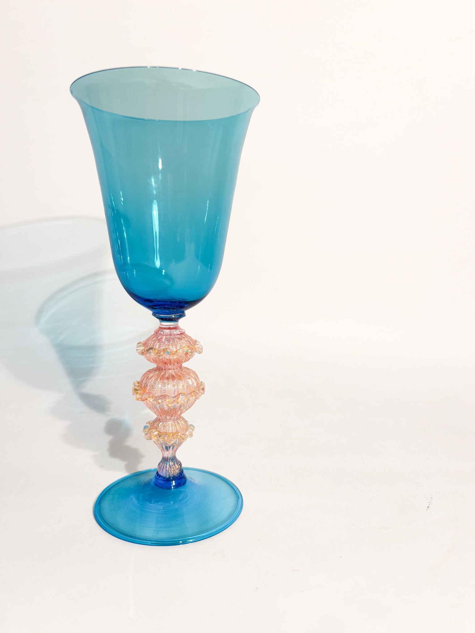 Hand-Blown Murano Glass Goblet Blue with Gold Leaf 70s