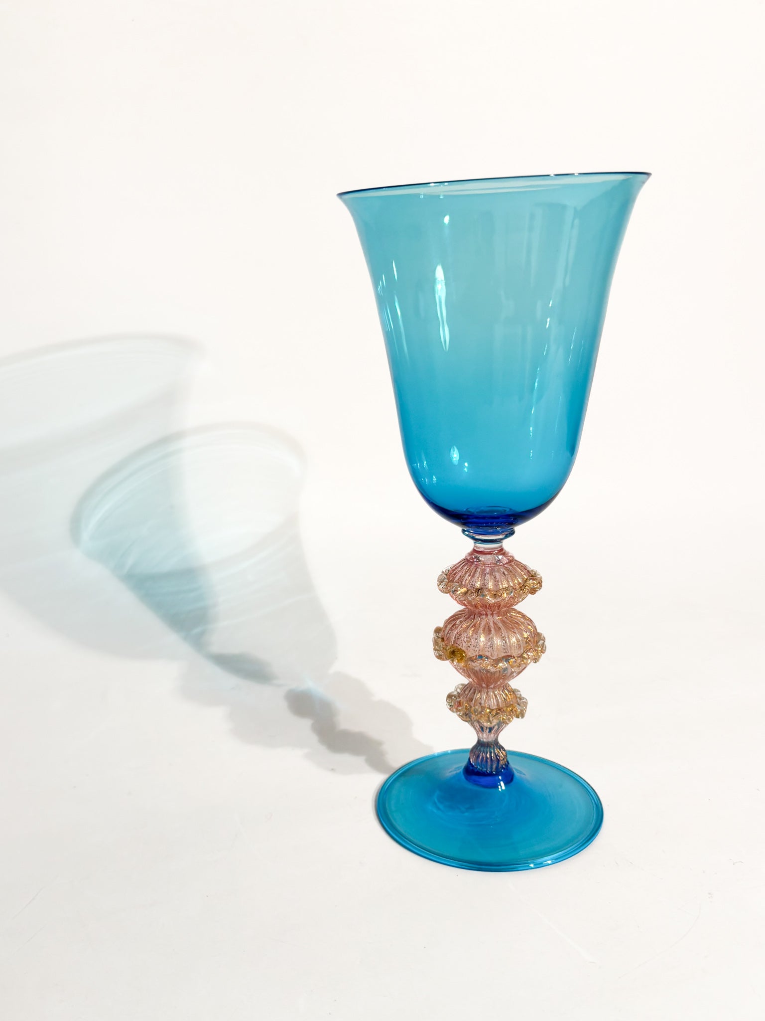 Hand-Blown Murano Glass Goblet Blue with Gold Leaf 70s