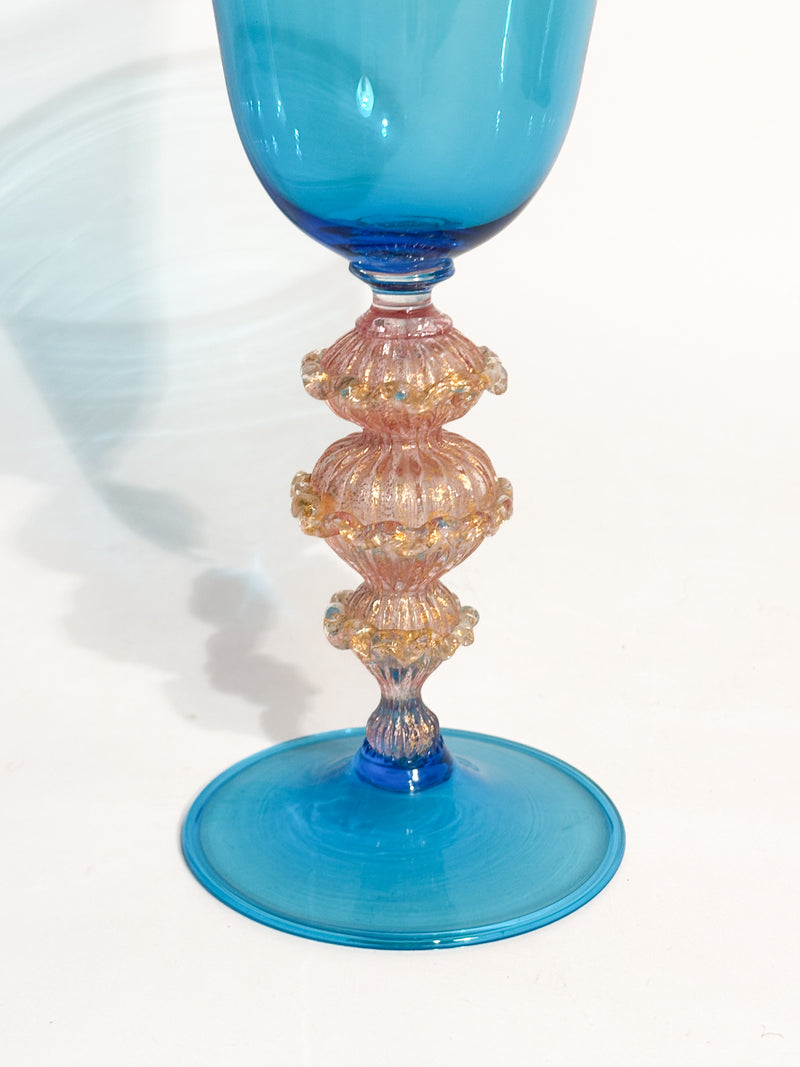Calice in Vetro di Murano Soffiato a Mano Azzurro con Foglia d'Oro Anni 70