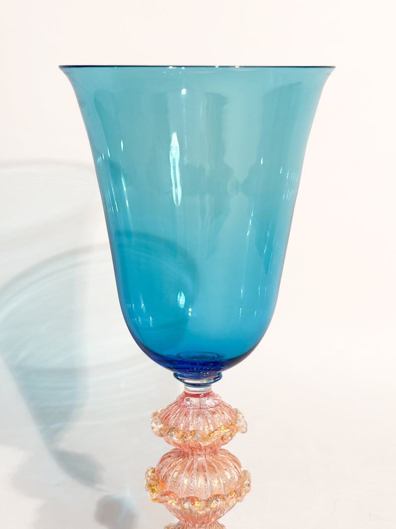 Calice in Vetro di Murano Soffiato a Mano Azzurro con Foglia d'Oro Anni 70