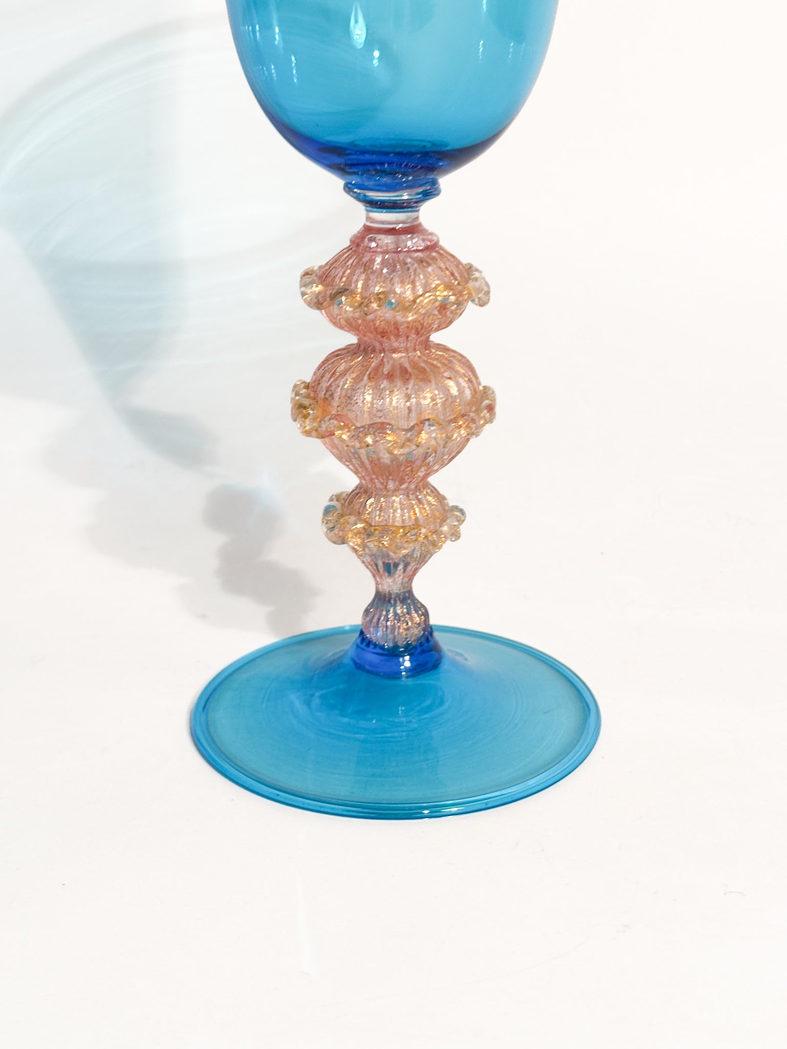 Hand-Blown Murano Glass Goblet Blue with Gold Leaf 70s