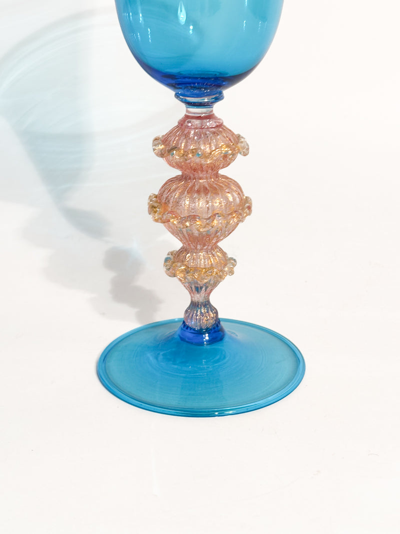 Calice in Vetro di Murano Soffiato a Mano Azzurro con Foglia d'Oro Anni 70