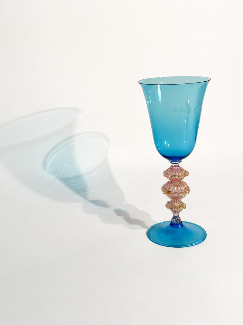 Calice in Vetro di Murano Soffiato a Mano Azzurro con Foglia d'Oro Anni 70