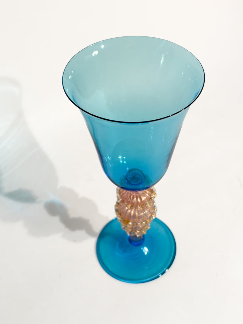 Calice in Vetro di Murano Soffiato a Mano Azzurro con Foglia d'Oro Anni 70