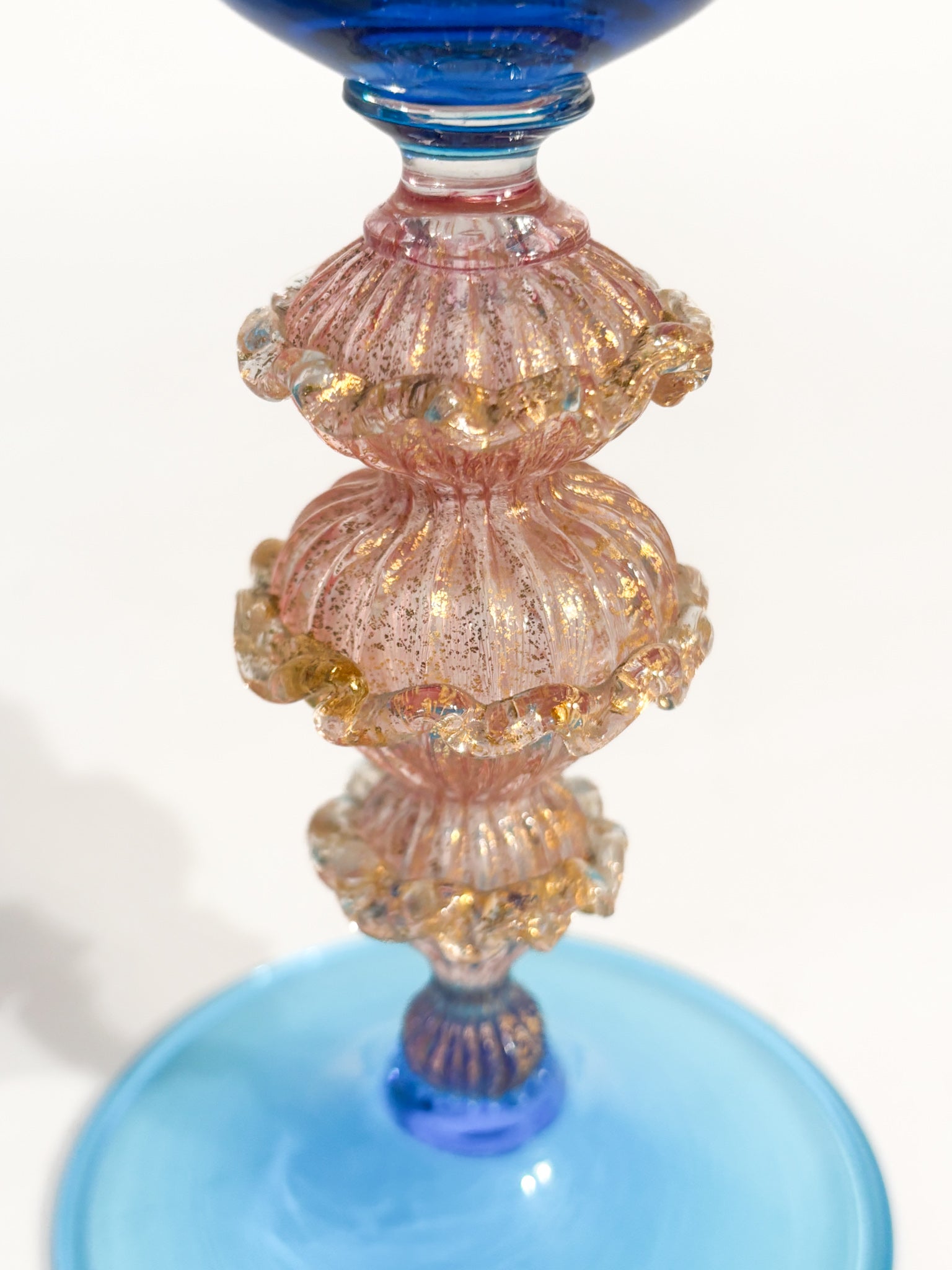 Hand-Blown Murano Glass Goblet Blue with Gold Leaf 70s