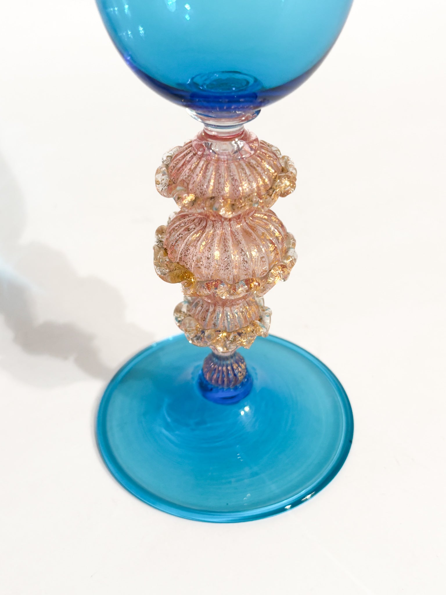 Hand-Blown Murano Glass Goblet Blue with Gold Leaf 70s