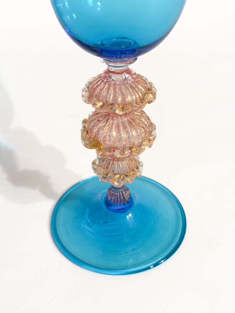 Calice in Vetro di Murano Soffiato a Mano Azzurro con Foglia d'Oro Anni 70