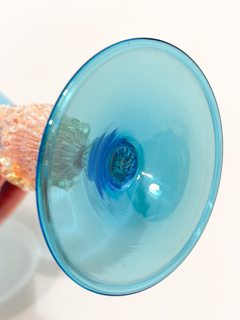 Calice in Vetro di Murano Soffiato a Mano Azzurro con Foglia d'Oro Anni 70