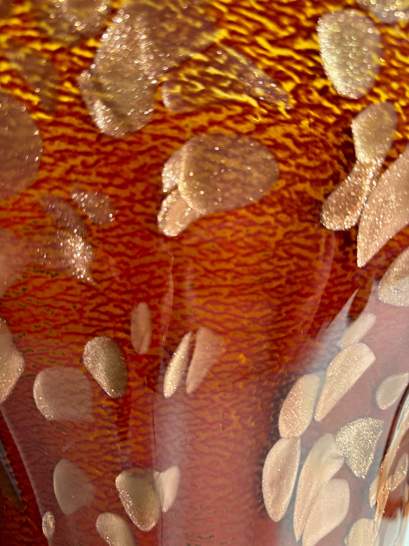 Vaso in Vetro di Murano Arancio e Dorato Maculato Anni 80