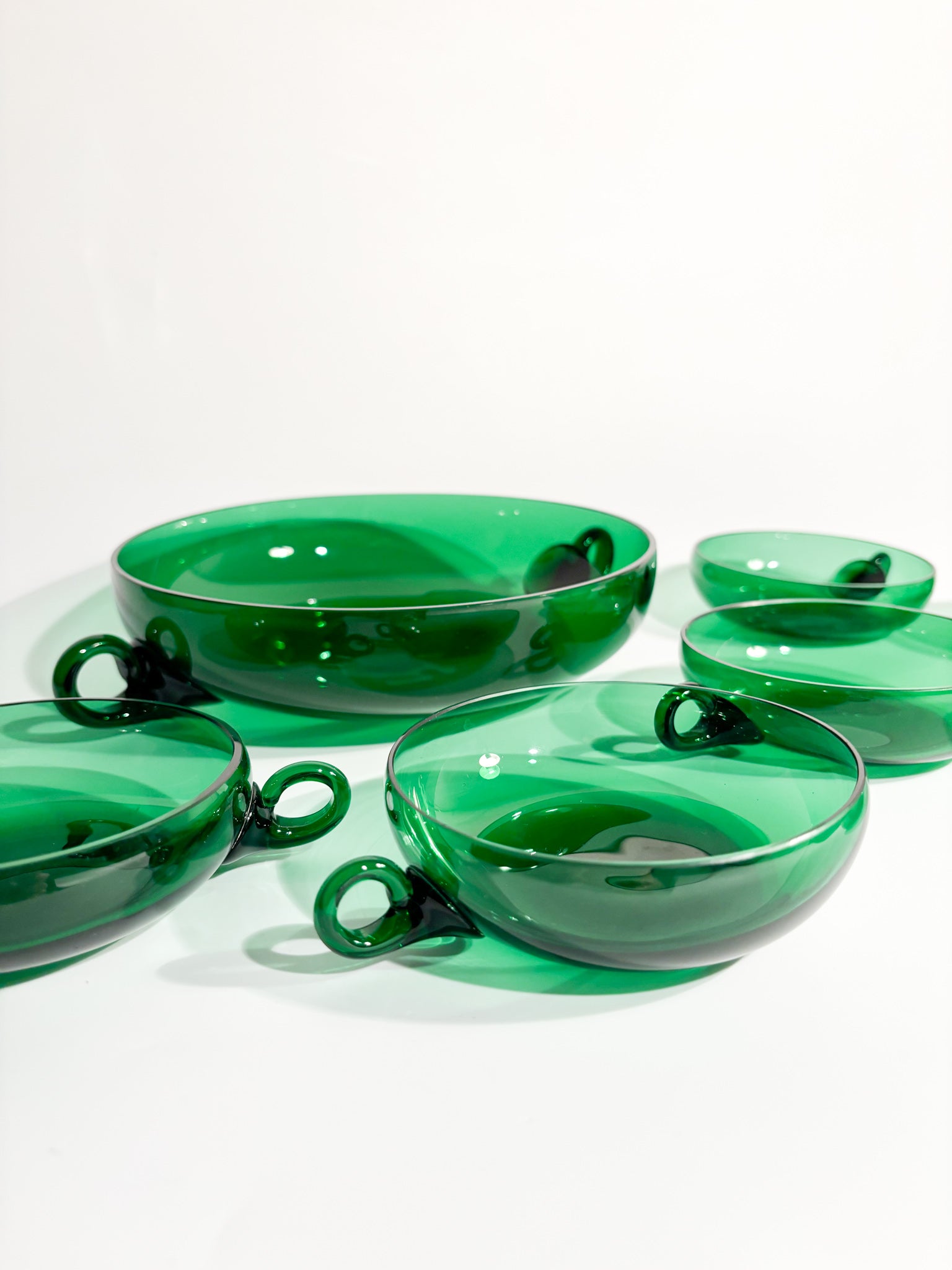Fruit Salad Set of Six in Hand-blown Green Murano Glass from the 1930s