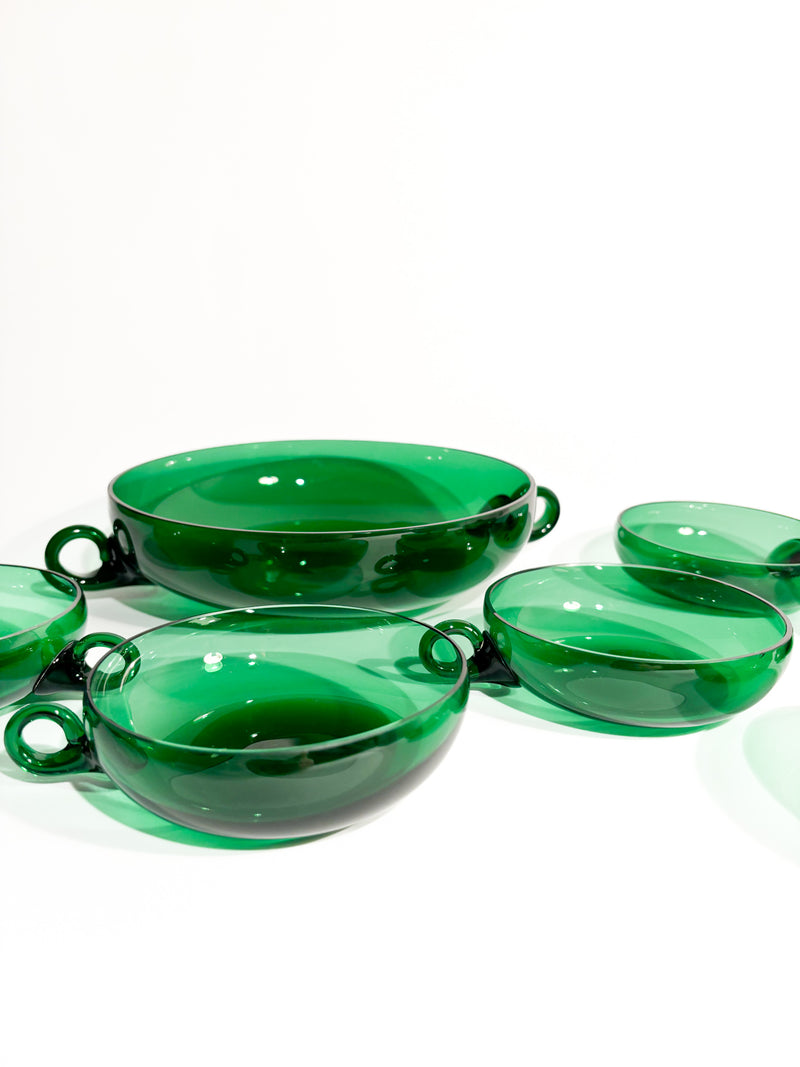 Fruit Salad Set of Six in Hand-blown Green Murano Glass from the 1930s