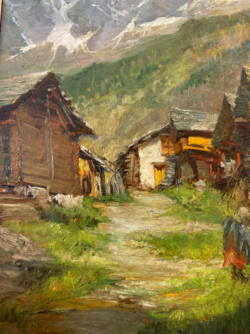 Dipinto Olio su Tavola Paesaggio Macugnaga di Mario Moretti Foggia Primi Novecento