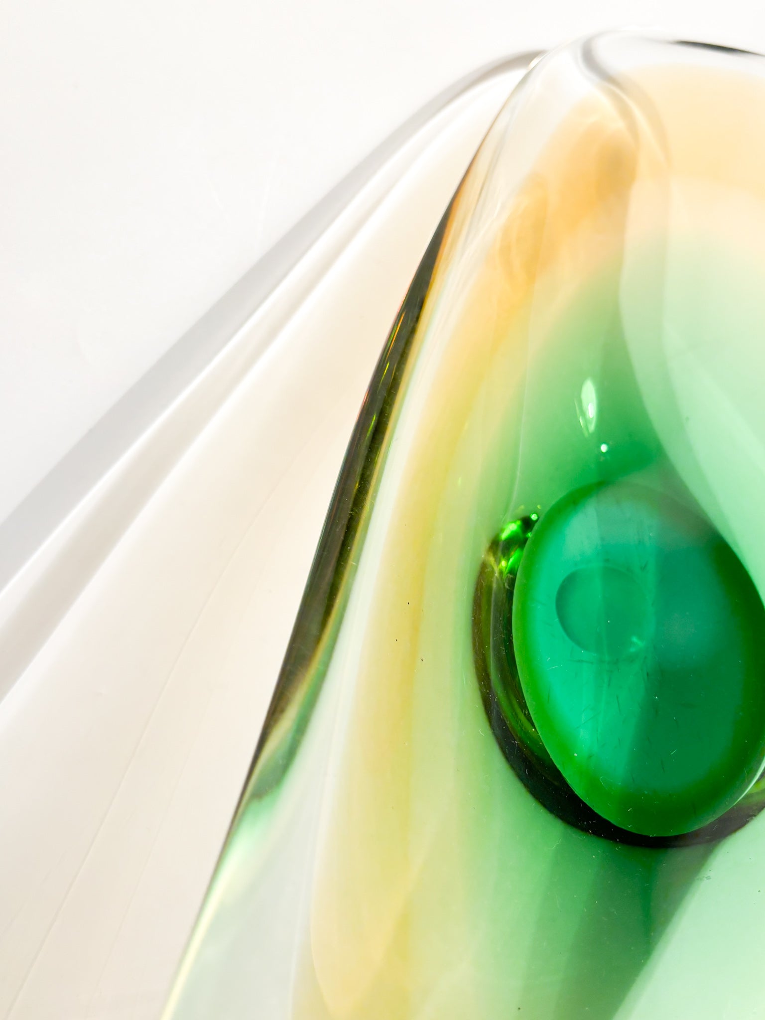 Centrotavola in Vetro di Murano Soffiato a Mano Verde e Giallo Anni 70