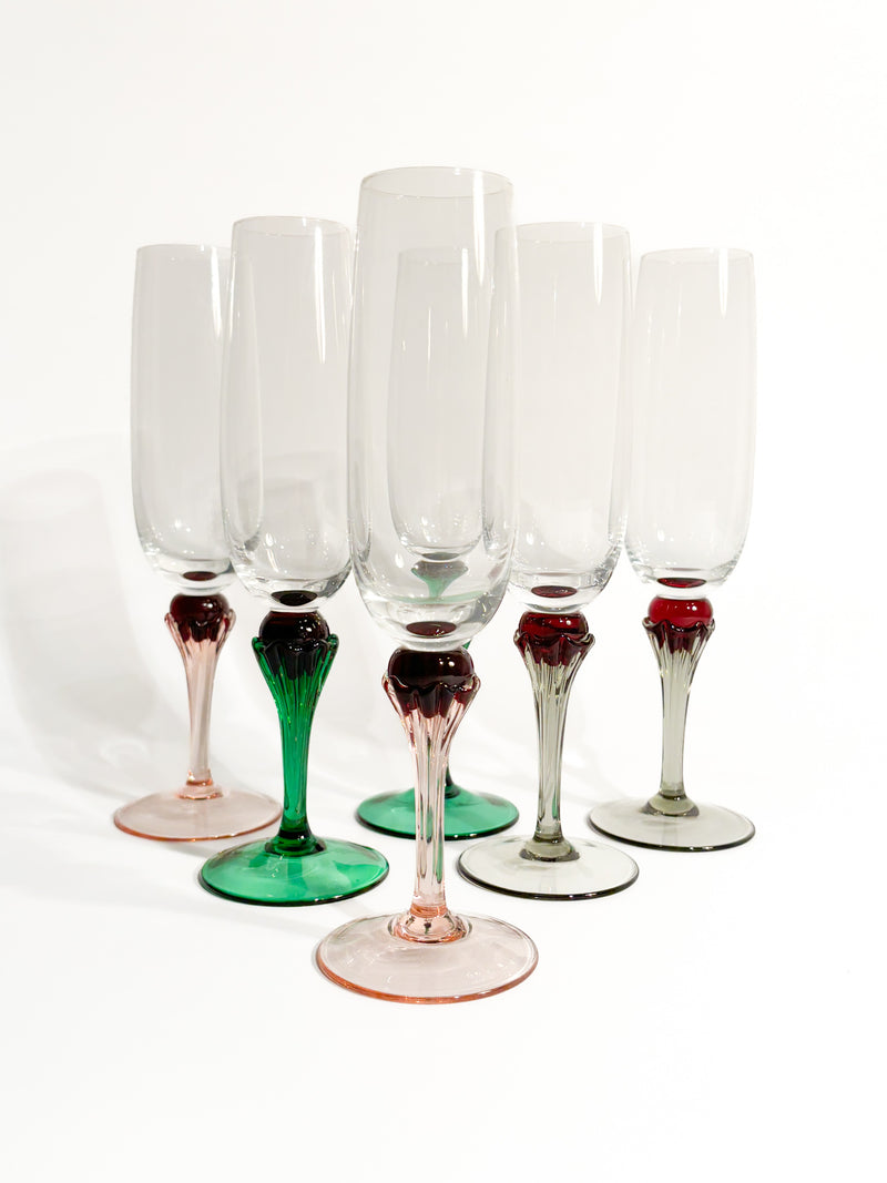 Set of Six Multicolored Murano Glass Goblets from the 1980s
