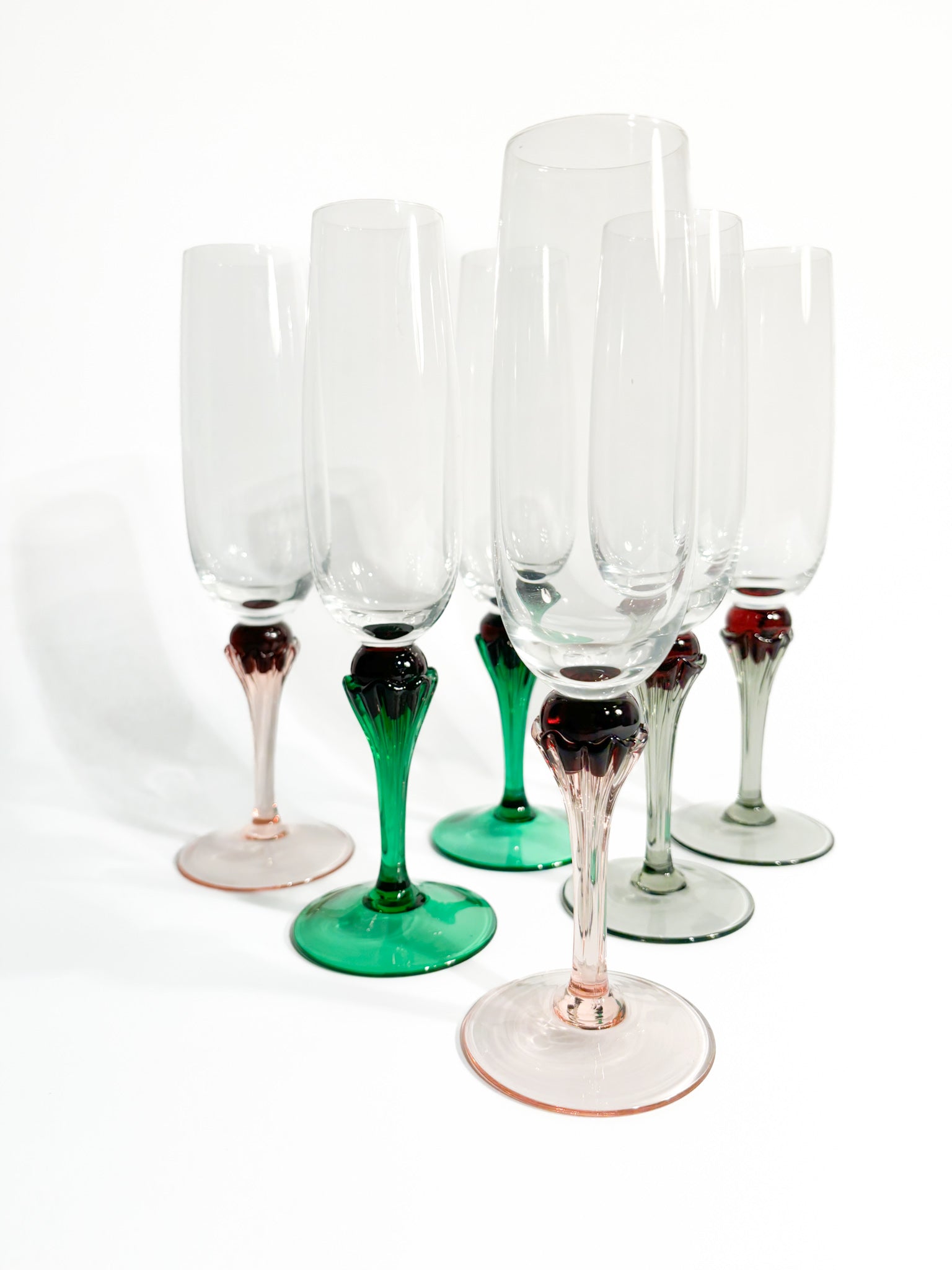 Set of Six Multicolored Murano Glass Goblets from the 1980s