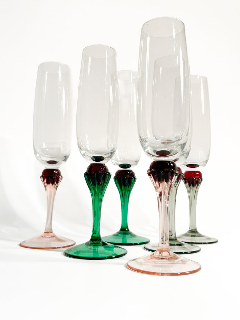 Set of Six Multicolored Murano Glass Goblets from the 1980s