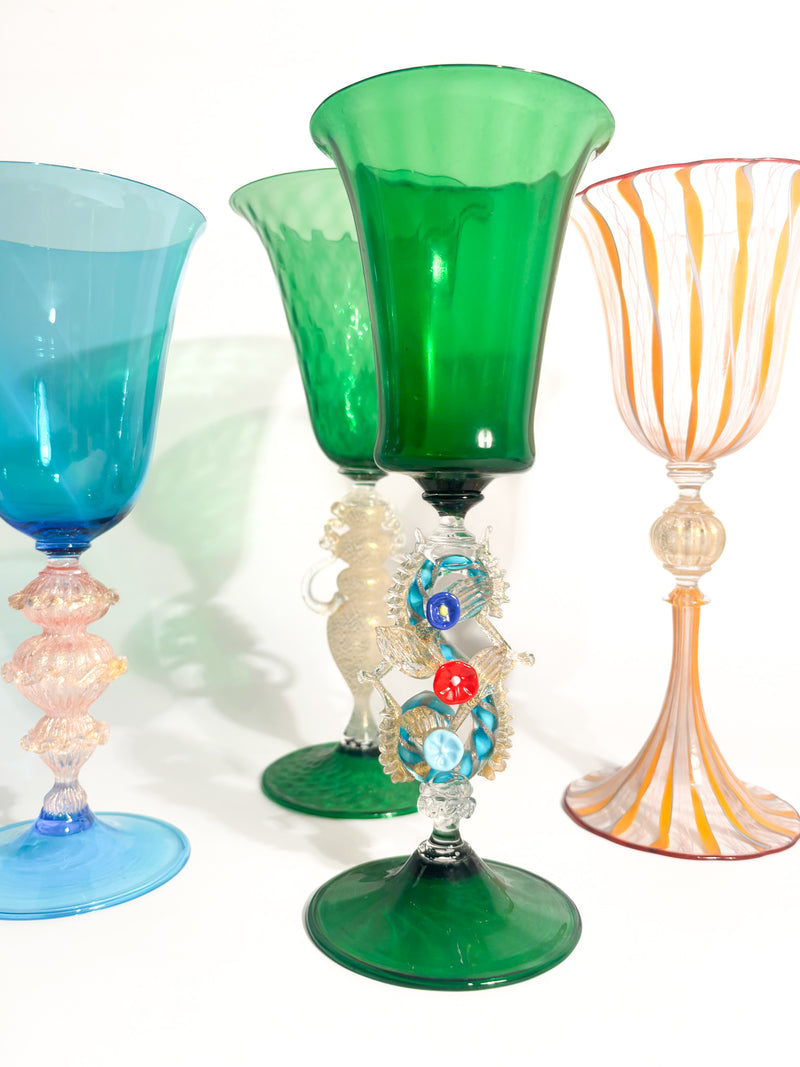 Calice in Vetro di Murano Soffiato a Mano Verde e Foglia d'Oro Anni 70