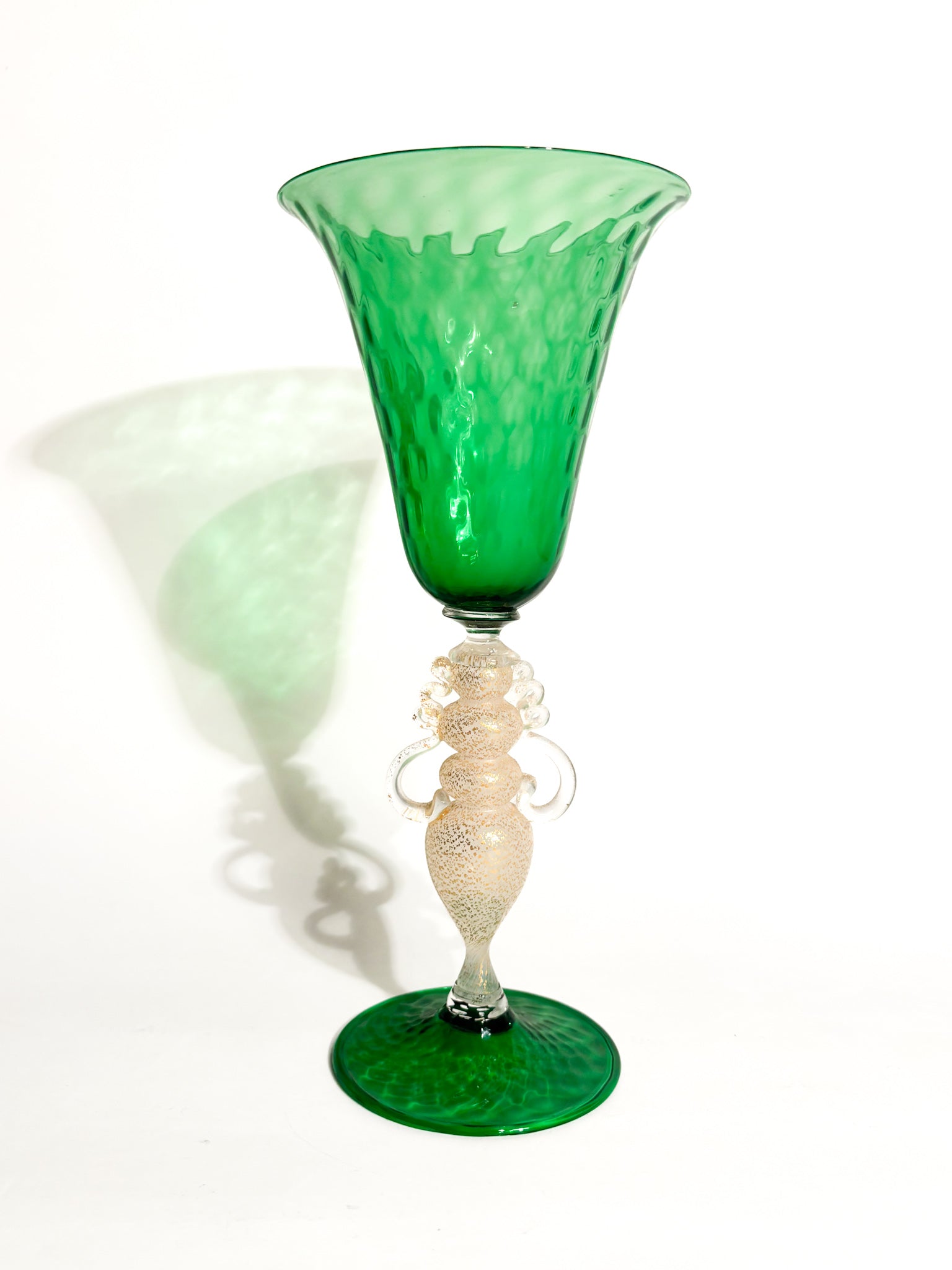 Calice in Vetro di Murano Soffiato a Mano Verde e Foglia d'Oro Anni 70