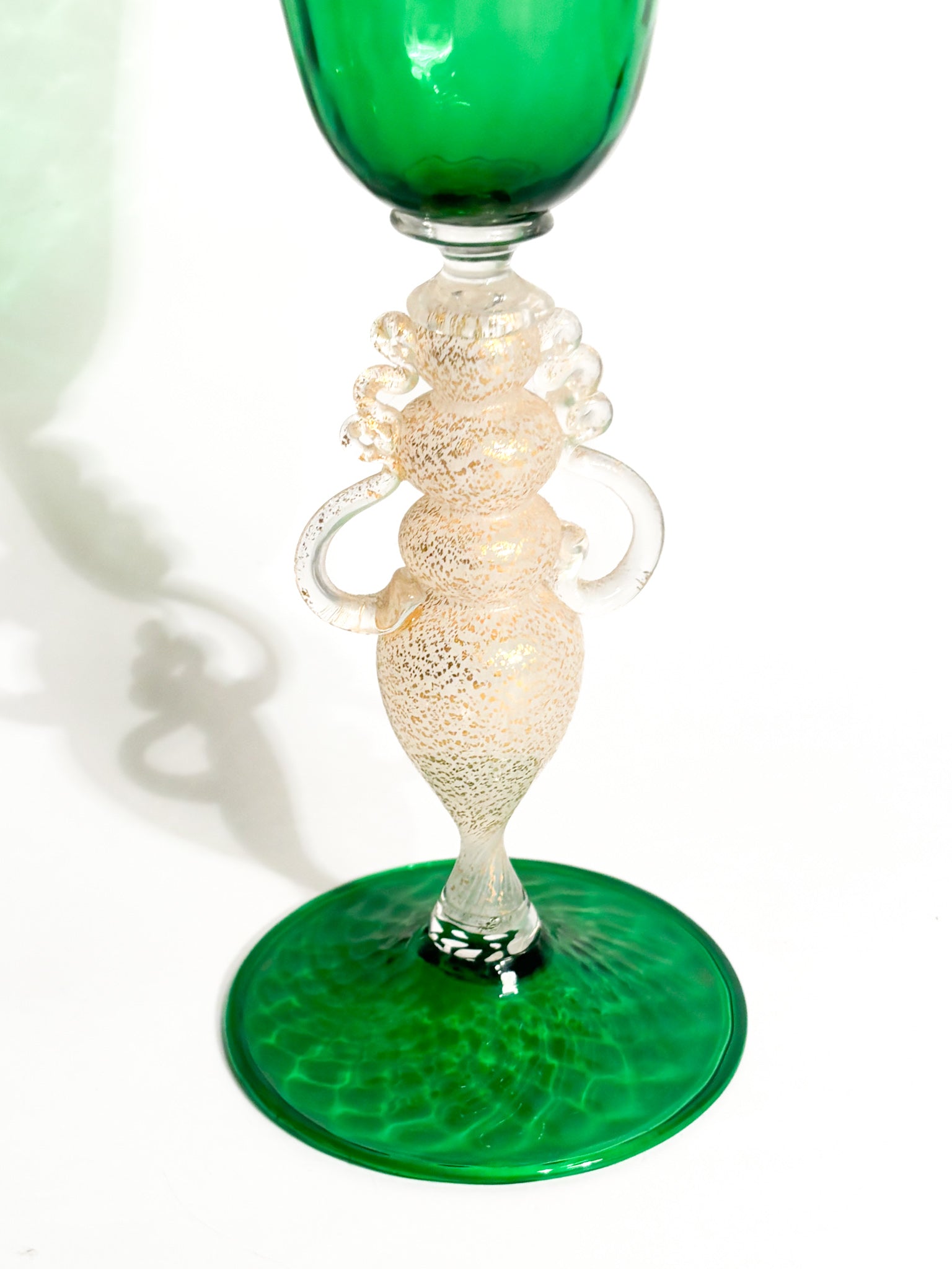 Calice in Vetro di Murano Soffiato a Mano Verde e Foglia d'Oro Anni 70