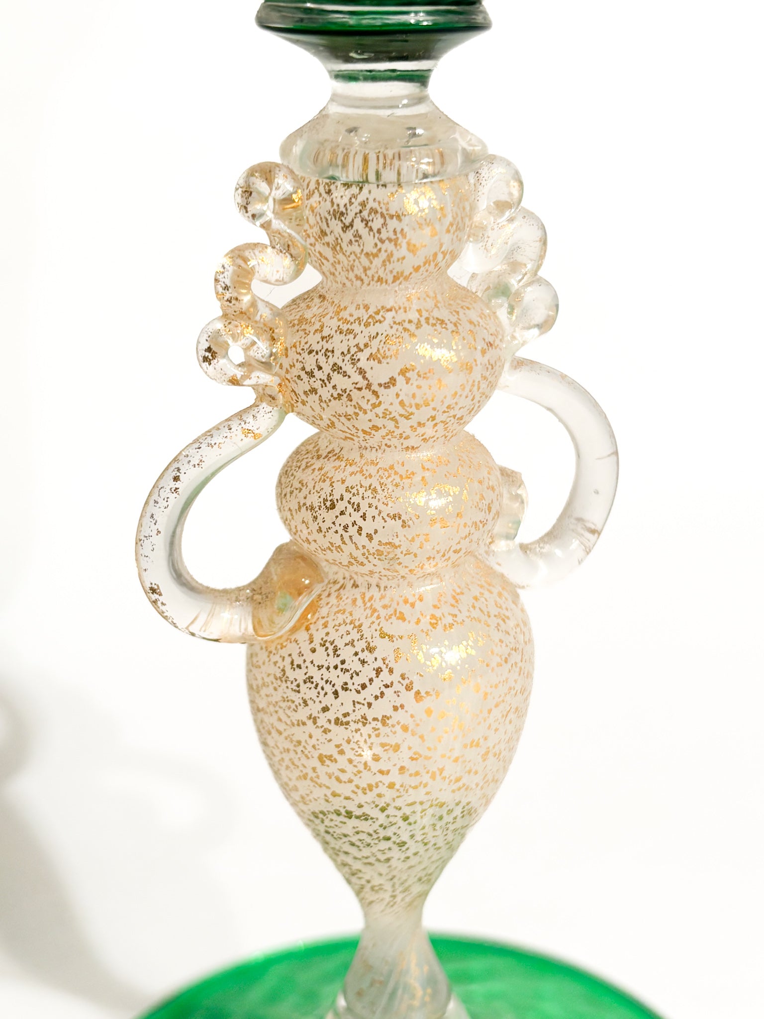 Calice in Vetro di Murano Soffiato a Mano Verde e Foglia d'Oro Anni 70