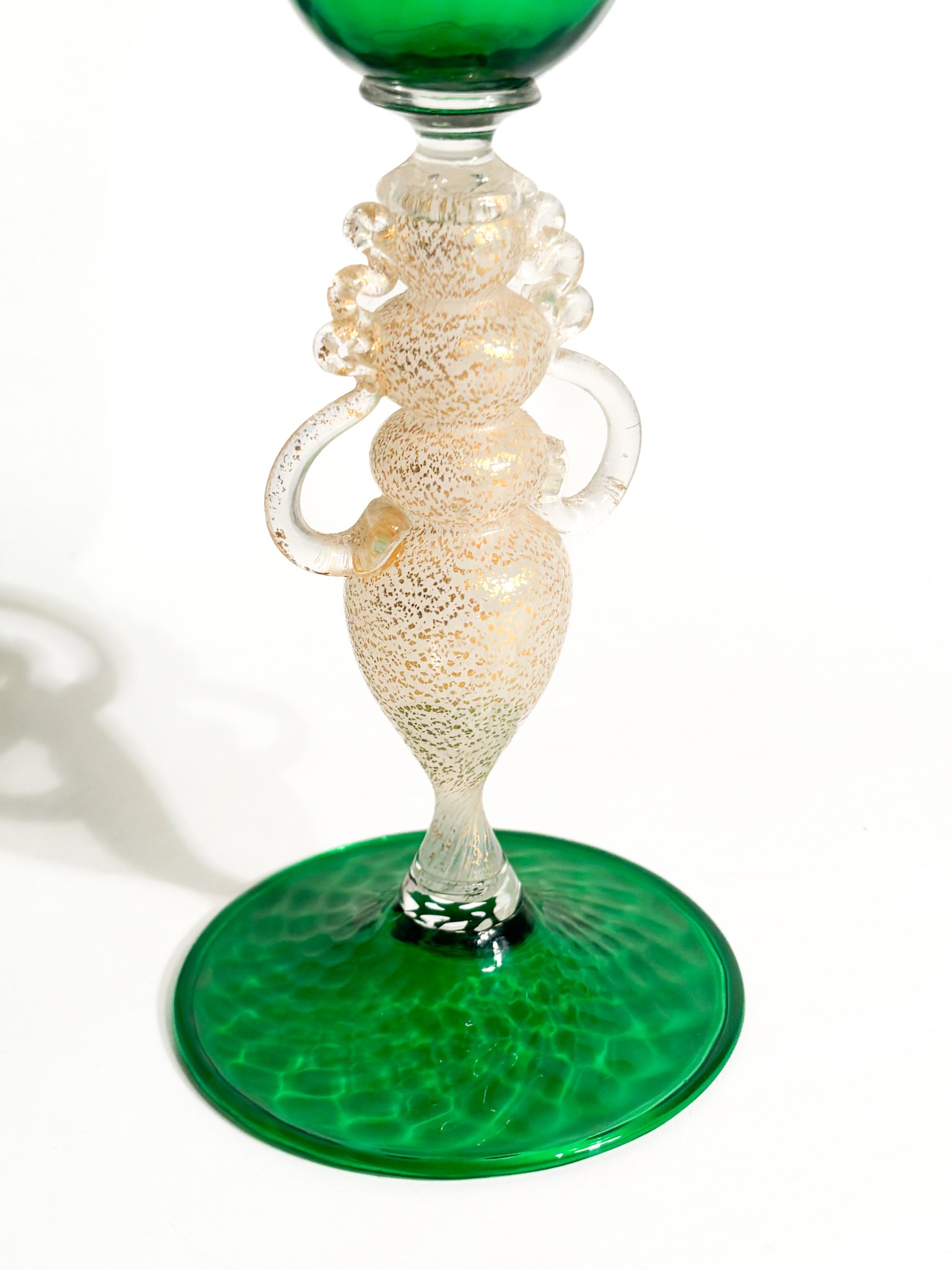 Calice in Vetro di Murano Soffiato a Mano Verde e Foglia d'Oro Anni 70