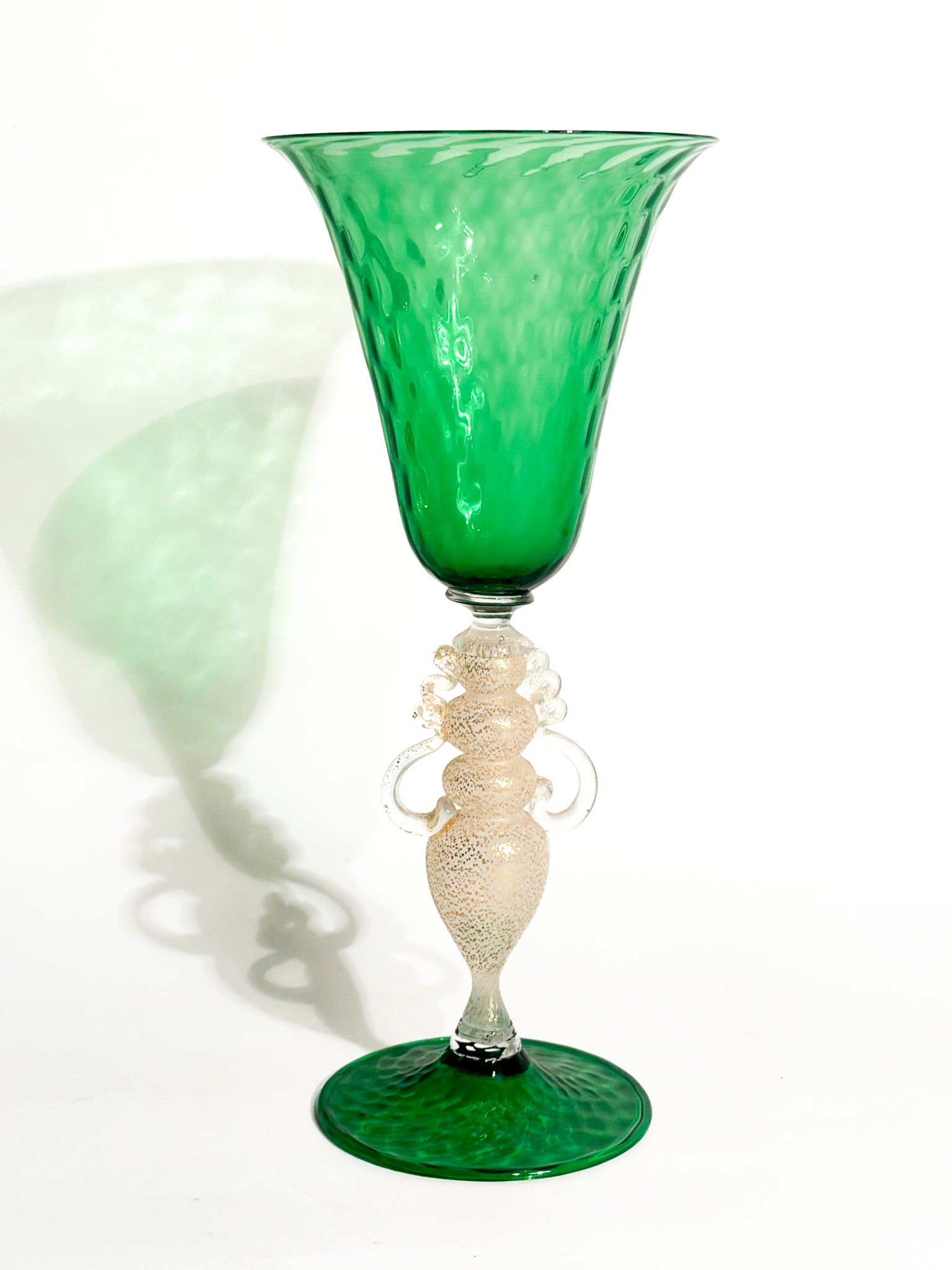 Calice in Vetro di Murano Soffiato a Mano Verde e Foglia d'Oro Anni 70