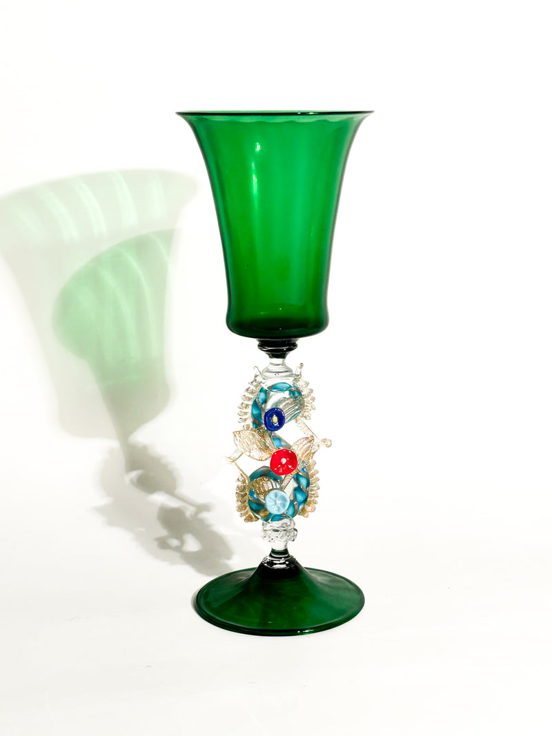 Calice in Vetro di Murano Soffiato con Decorazioni Floreali Anni 70
