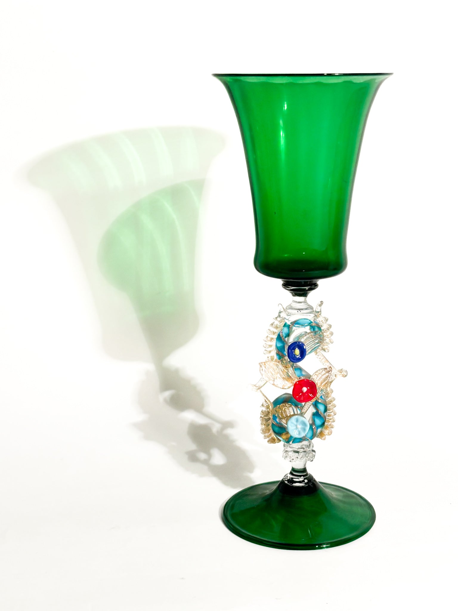 Calice in Vetro di Murano Soffiato con Decorazioni Floreali Anni 70