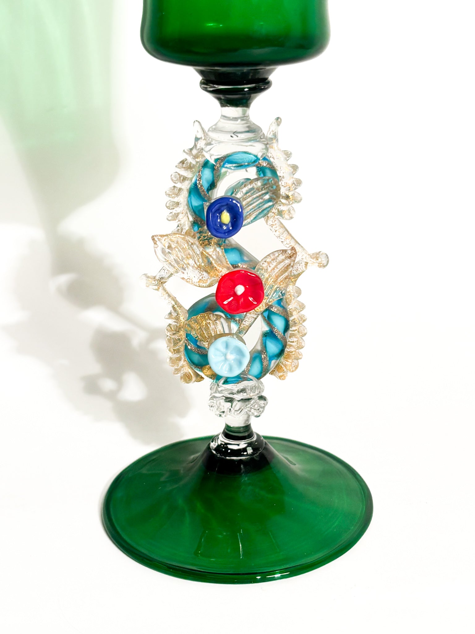 Calice in Vetro di Murano Soffiato con Decorazioni Floreali Anni 70