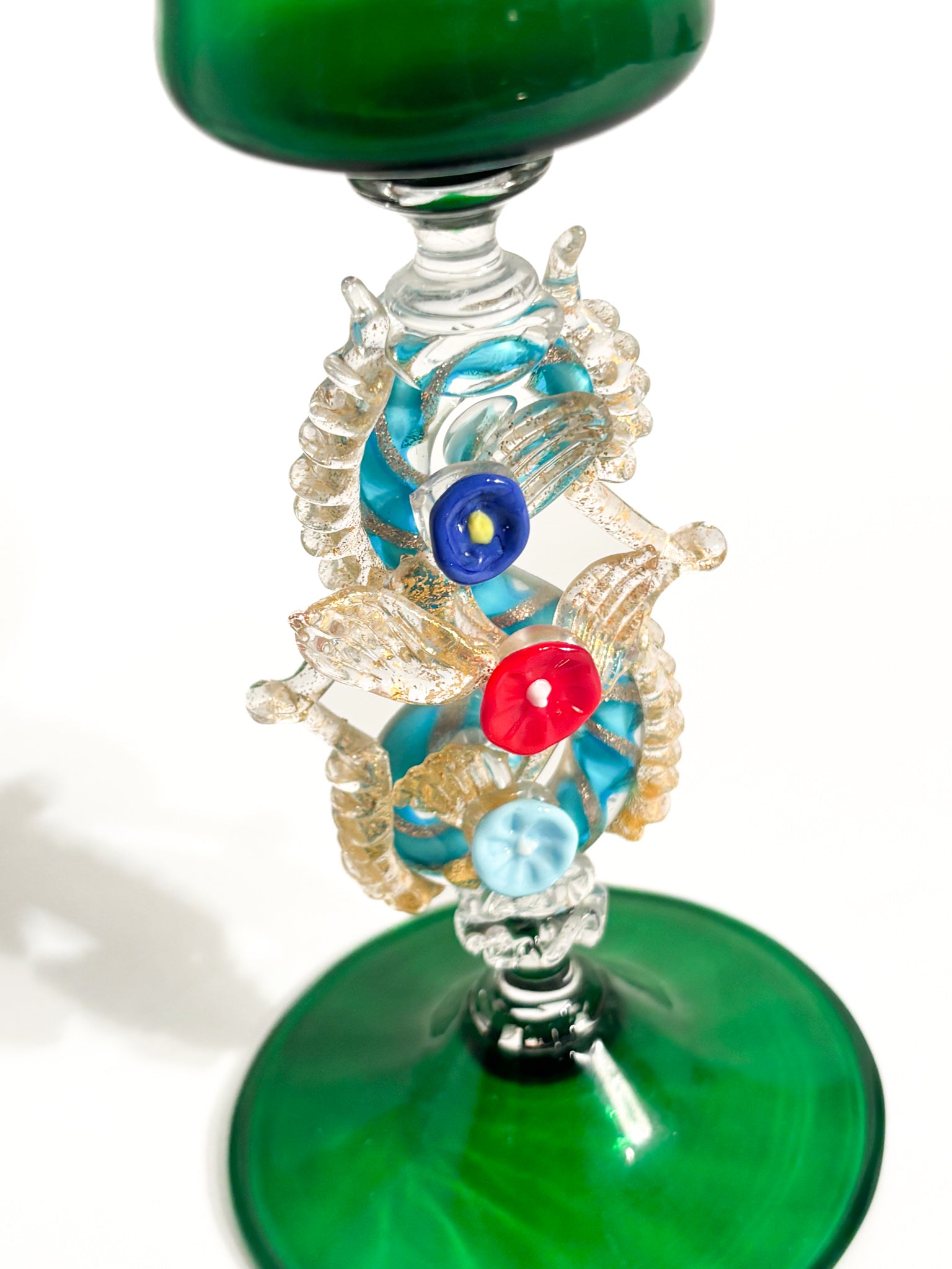 Calice in Vetro di Murano Soffiato con Decorazioni Floreali Anni 70