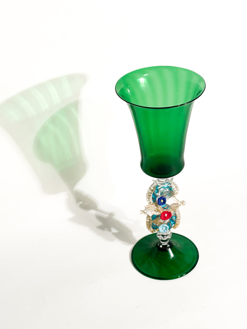 Calice in Vetro di Murano Soffiato con Decorazioni Floreali Anni 70