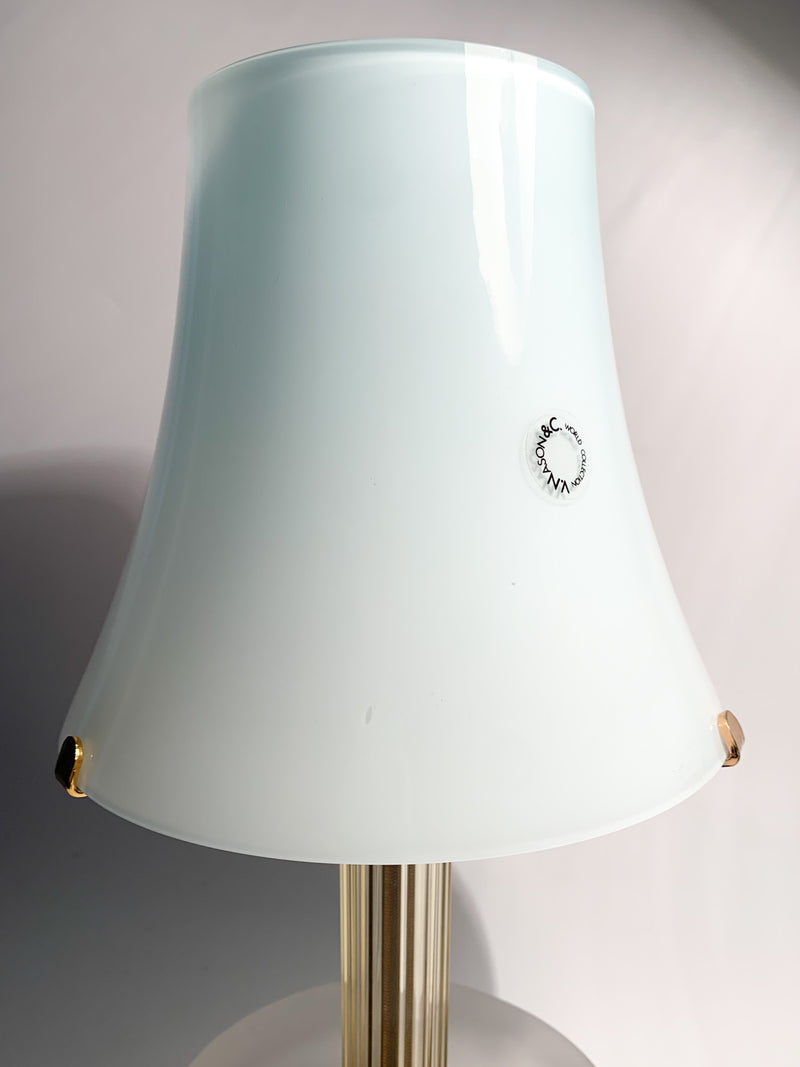Lampada da Tavolo in vetro di Murano Azzurro e Stelo Dorato di Nason Anni 80