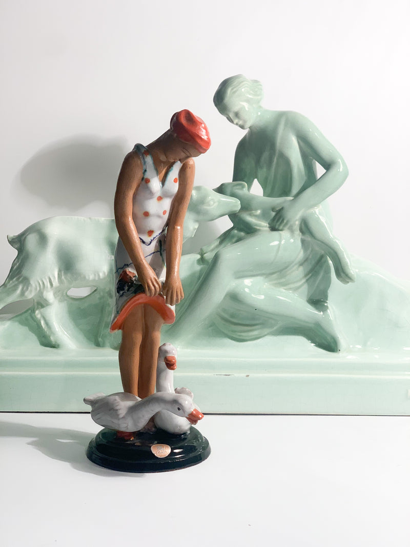 French Ceramic Sculpture of Diana with Fauna from the 1940s