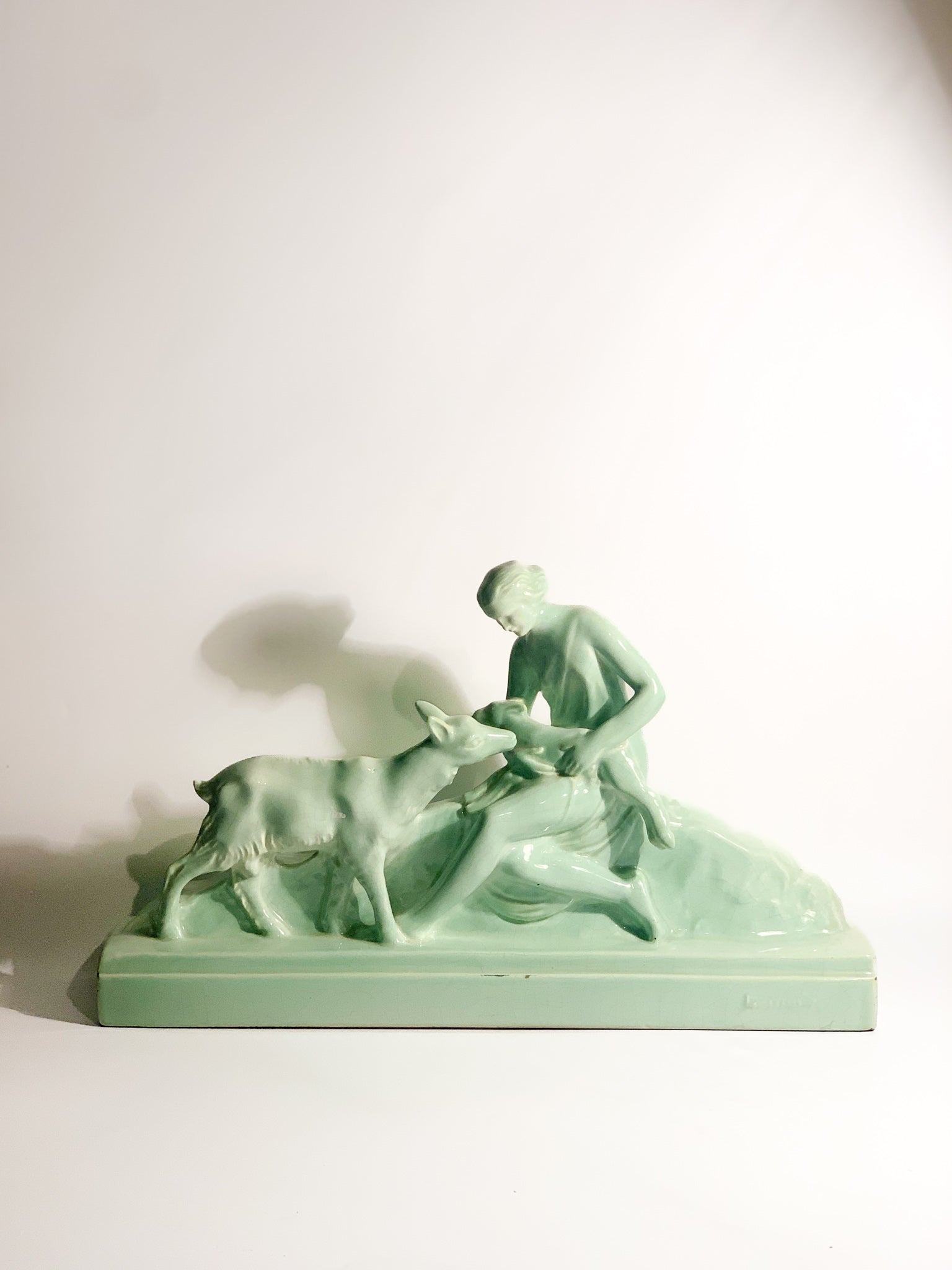 French Ceramic Sculpture of Diana with Fauna from the 1940s