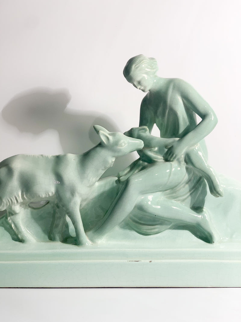 Scultura in Ceramica Francese di Diana con Fauna Anni 40