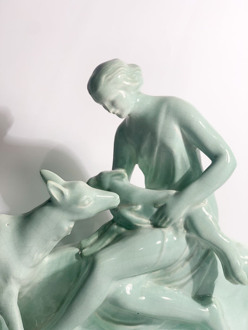 French Ceramic Sculpture of Diana with Fauna from the 1940s