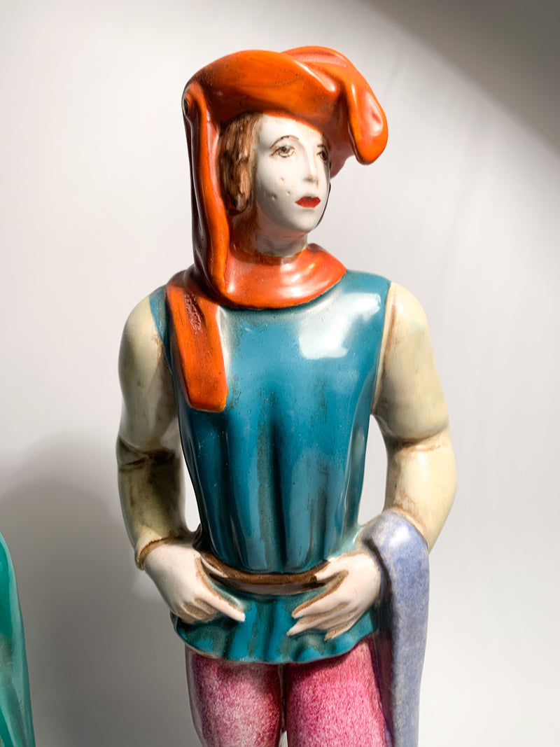 Coppia Di Statuine di Dama e Gentiluomo in Ceramica di Zaccagnini Anni 40