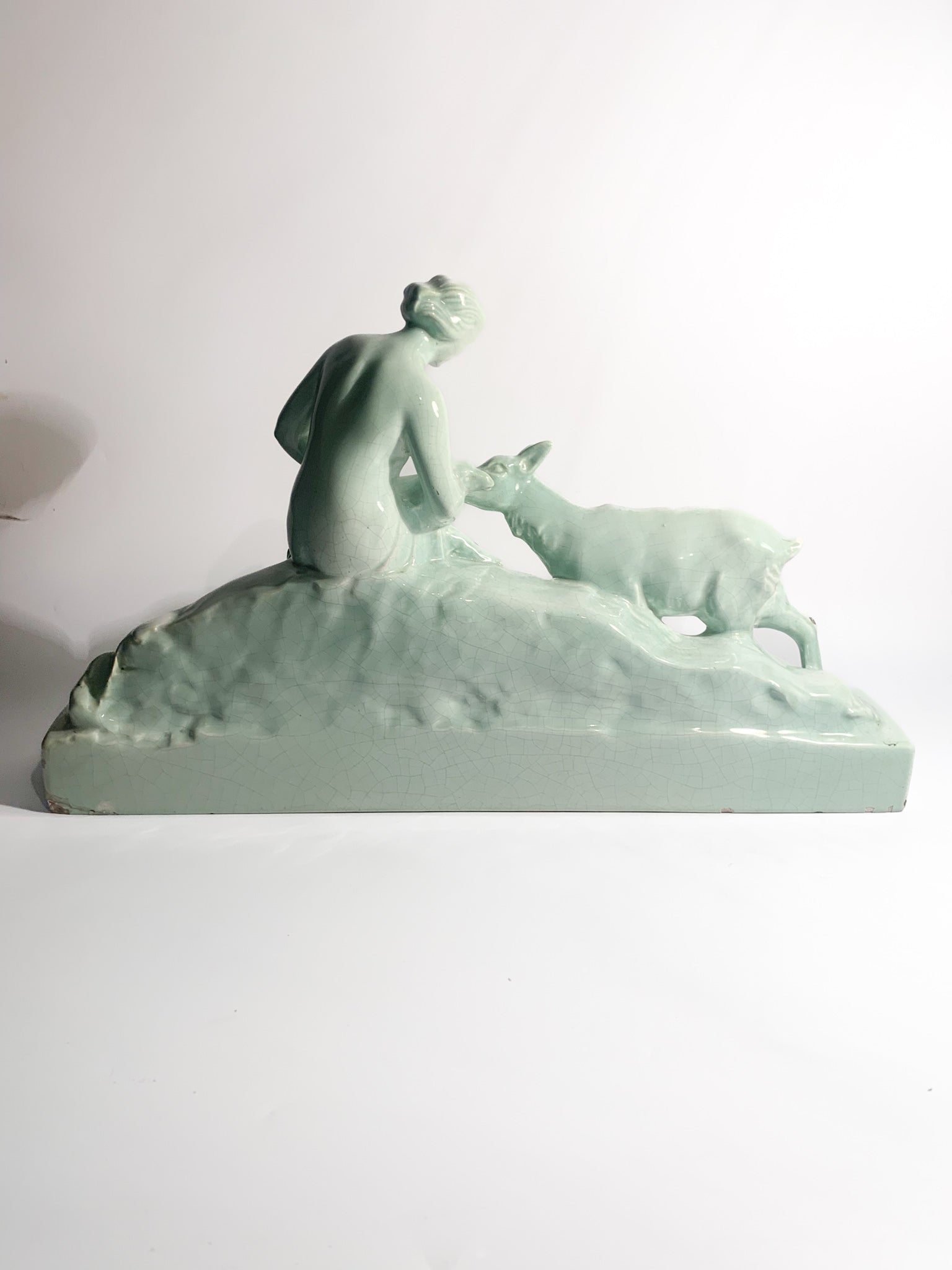 French Ceramic Sculpture of Diana with Fauna from the 1940s
