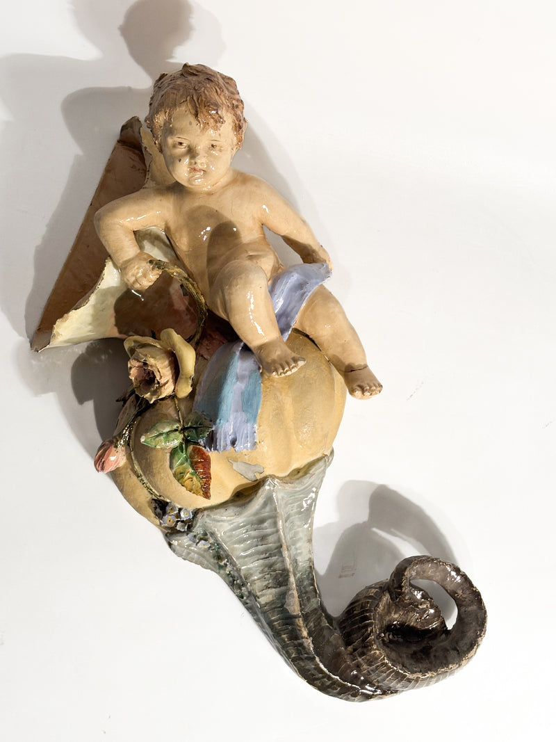Mensola da Parete in Ceramica con Putto e Conchiglia XIX Secolo