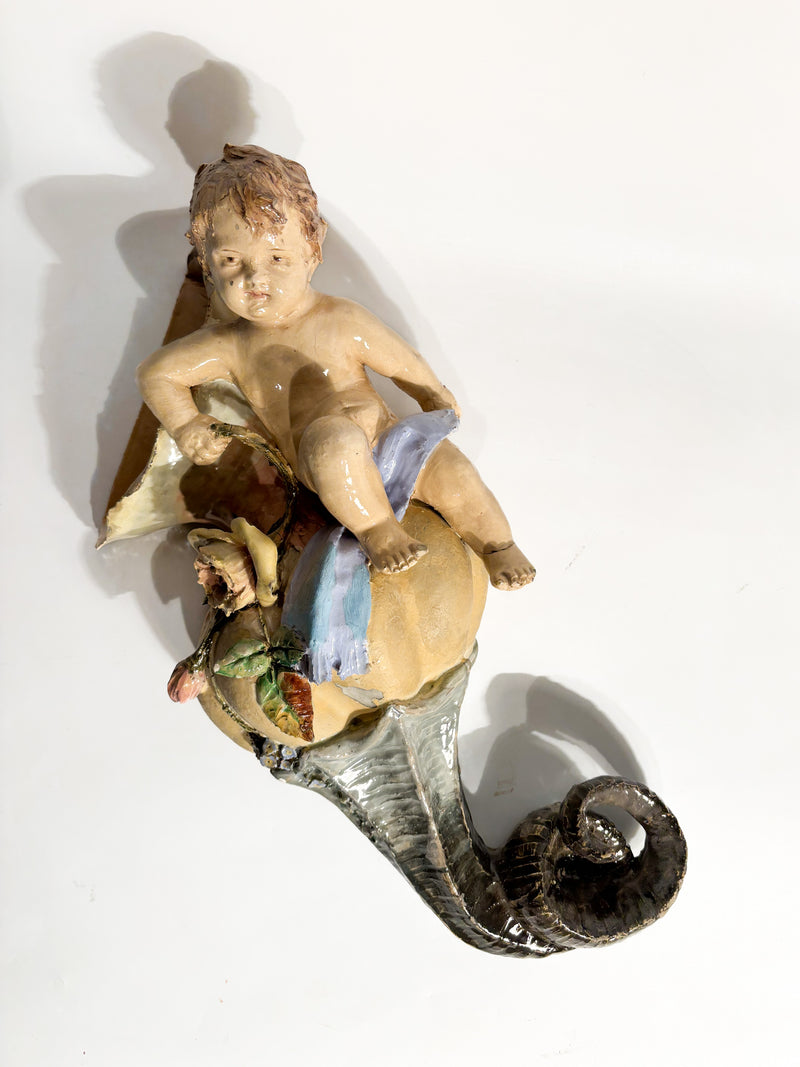 Mensola da Parete in Ceramica con Putto e Conchiglia XIX Secolo