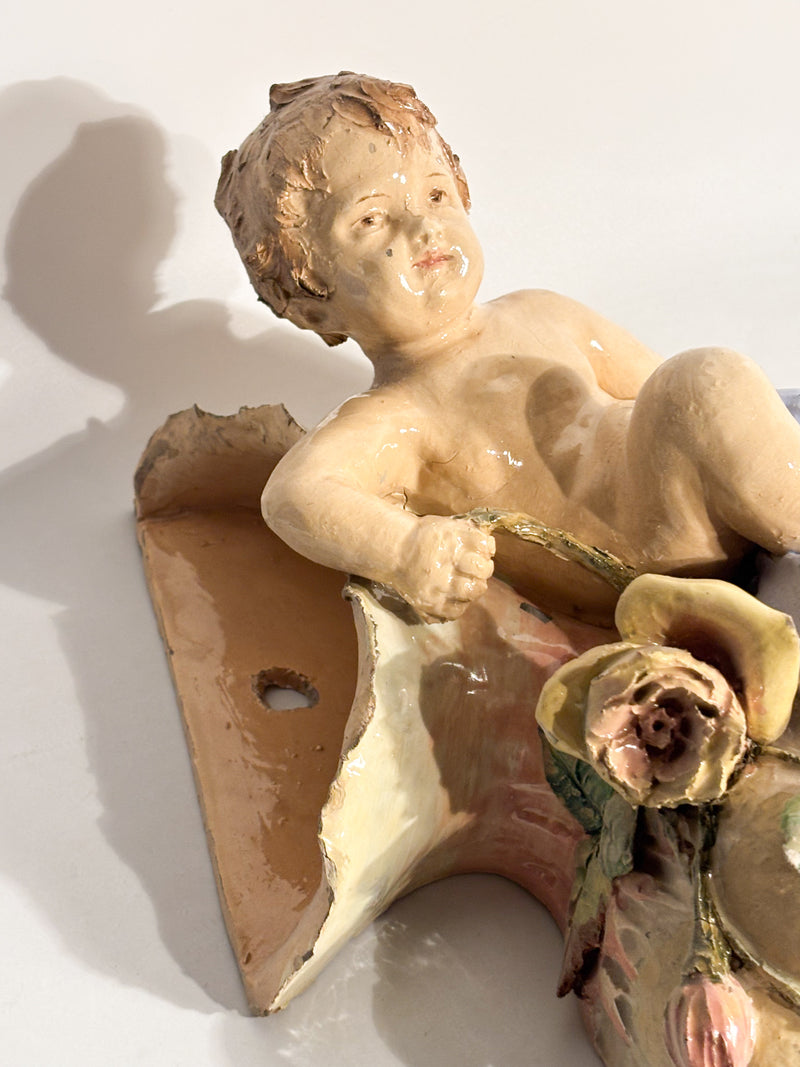 Mensola da Parete in Ceramica con Putto e Conchiglia XIX Secolo