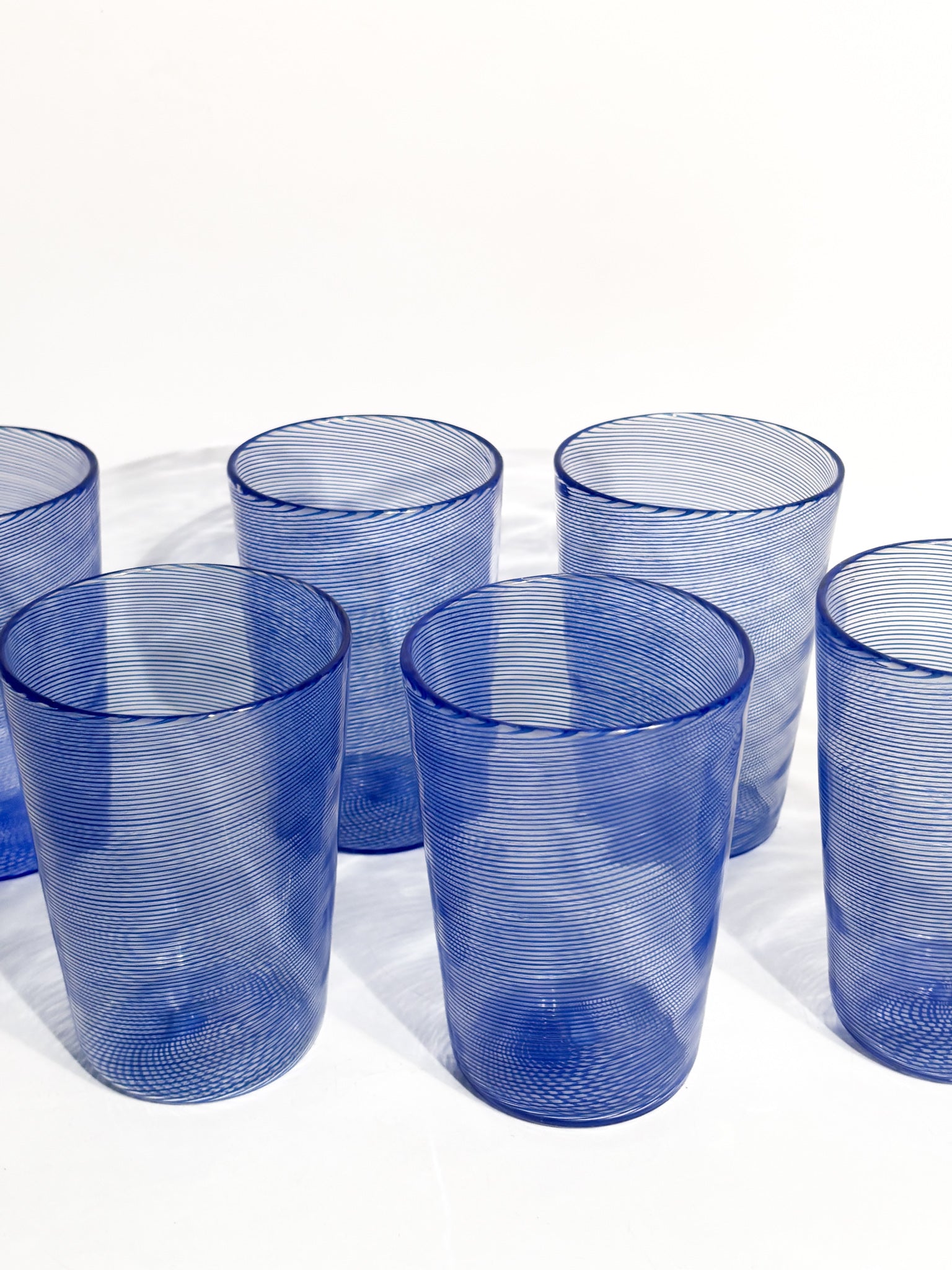 Set da Sei Bicchieri in Vetro di Murano Blu Lavorazione Filigrana Anni 70