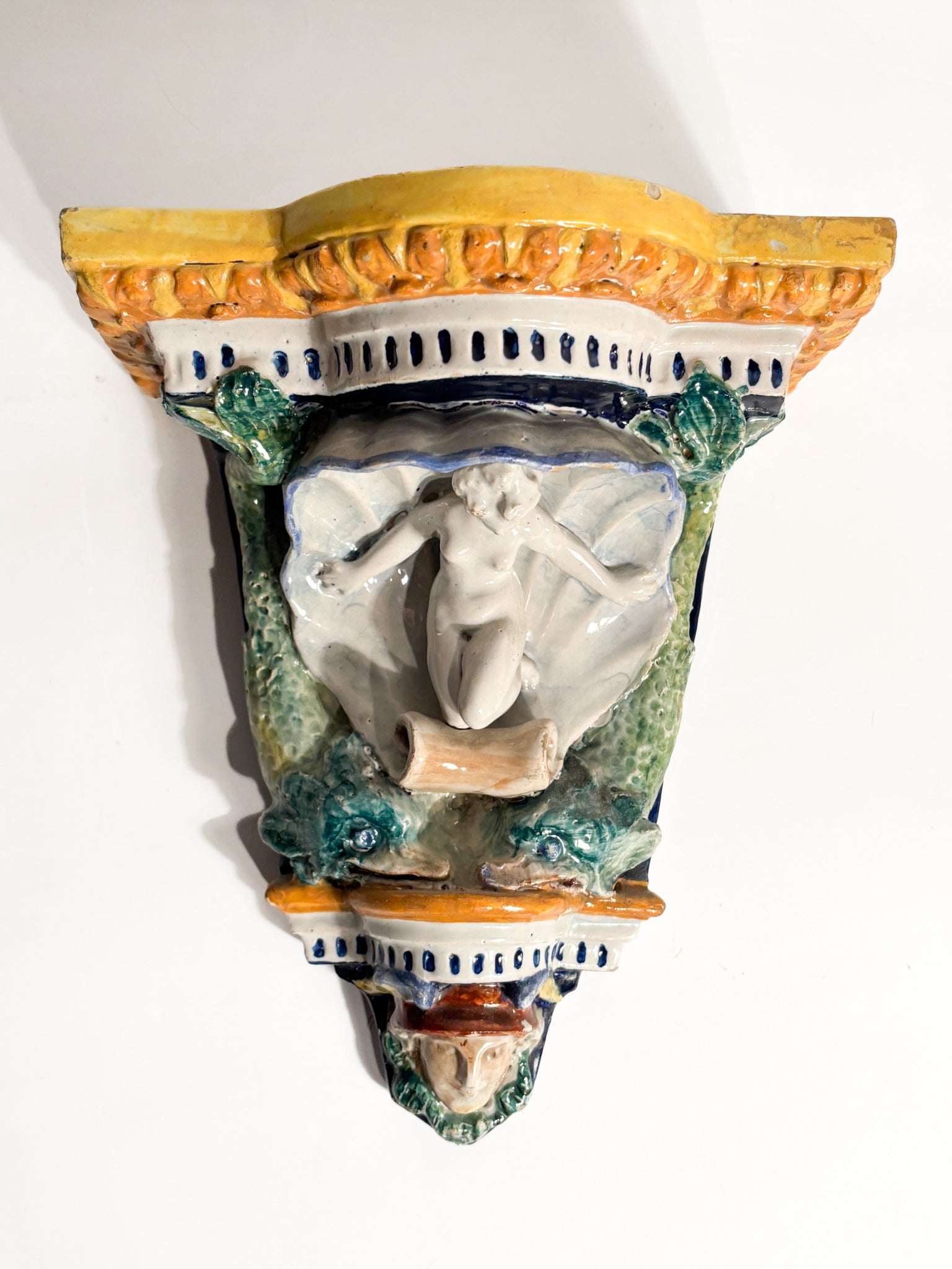 Wall Shelf in Faenza Ceramic with Shell and Checkered Pattern Early Twentieth Century