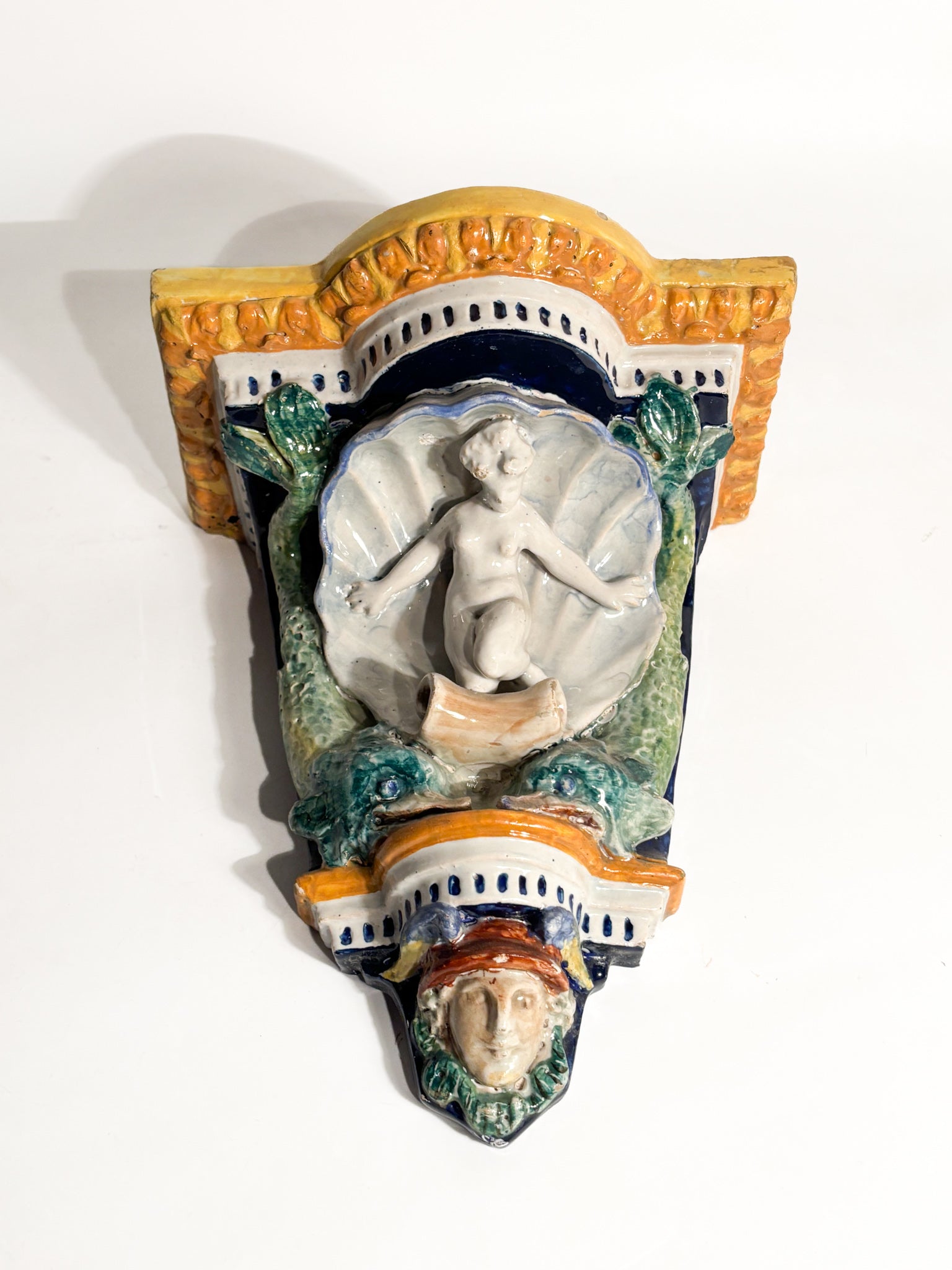 Wall Shelf in Faenza Ceramic with Shell and Checkered Pattern Early Twentieth Century